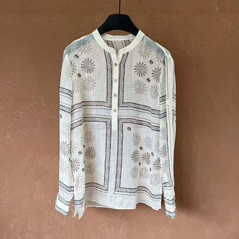 

Женская новая дизайнерская свободная темпераментная модная рубашка с длинными рукавами во французском курортном стиле Sunsn с цветочным принтом для