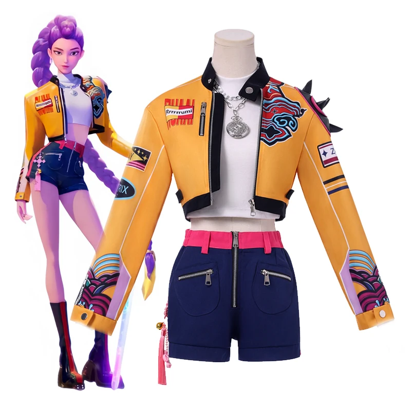 アニメ映画 KPop デーモンハンターズ ルミ・ハントリックス制服ハロウィンコスプレ衣装黄色のジャケットイヤリングショーツ女性女の子