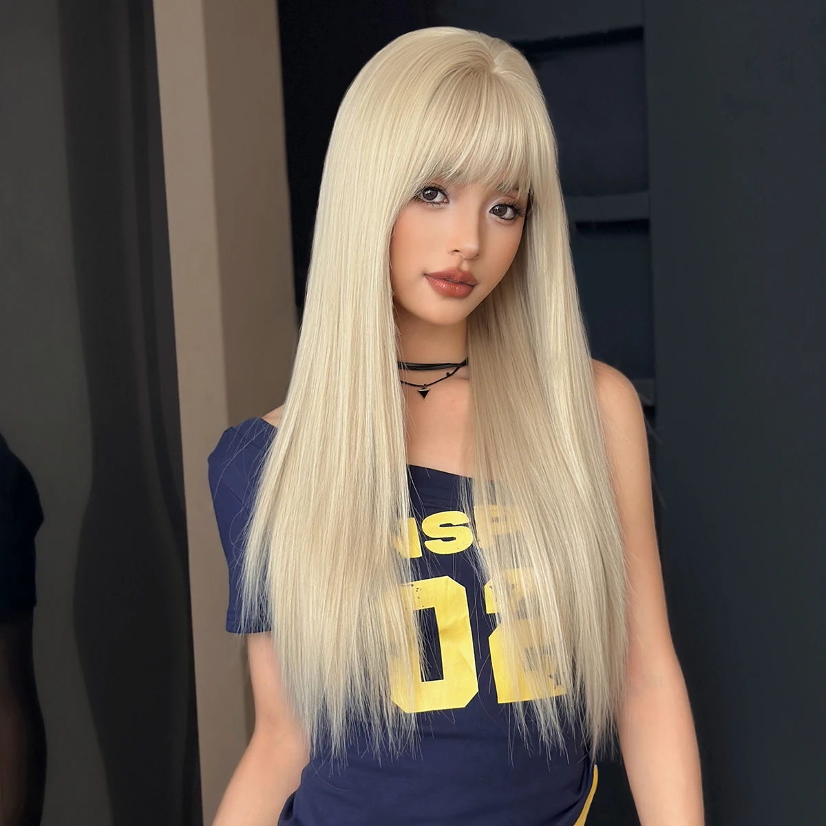 7JHH WIGS Long Straight Layered Blonde Wig for Women Synthetic Heat-Resistant Modest Fashion Wear and Go Wigs with Neat Bangs - view 2