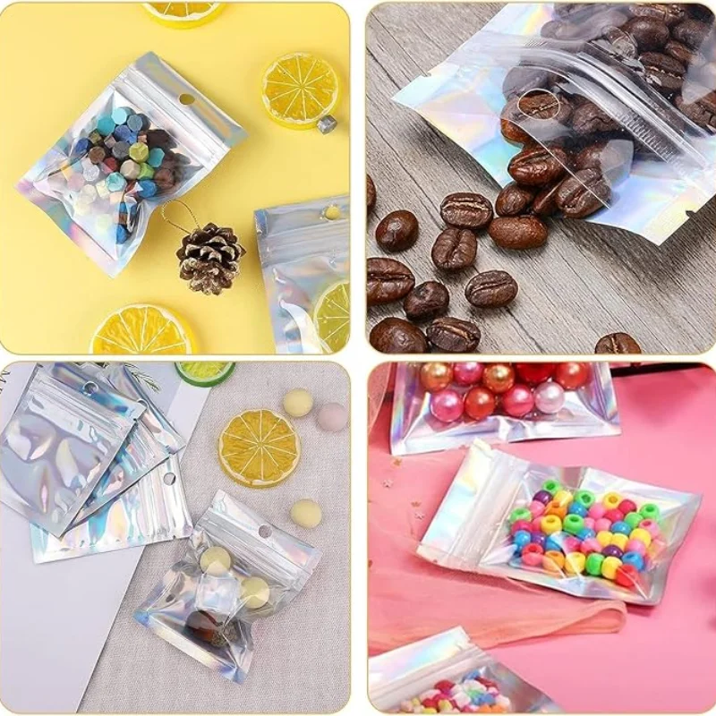 200PCS Laser Ziplock Bag Necklace Earrings Jewelry Gift Packing Bags Cell Phone Cases Colorful Packing Bags Kitchen Organizer