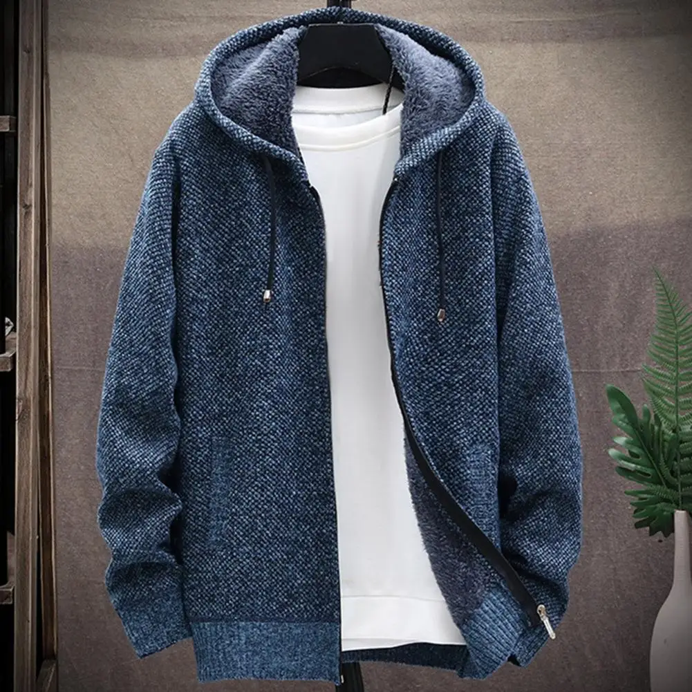 Men Polyester Jacket Men's Winter Fleece Hooded Jacket with Drawstring Zip-up Closure Thickened Sweater Coat with for Daily