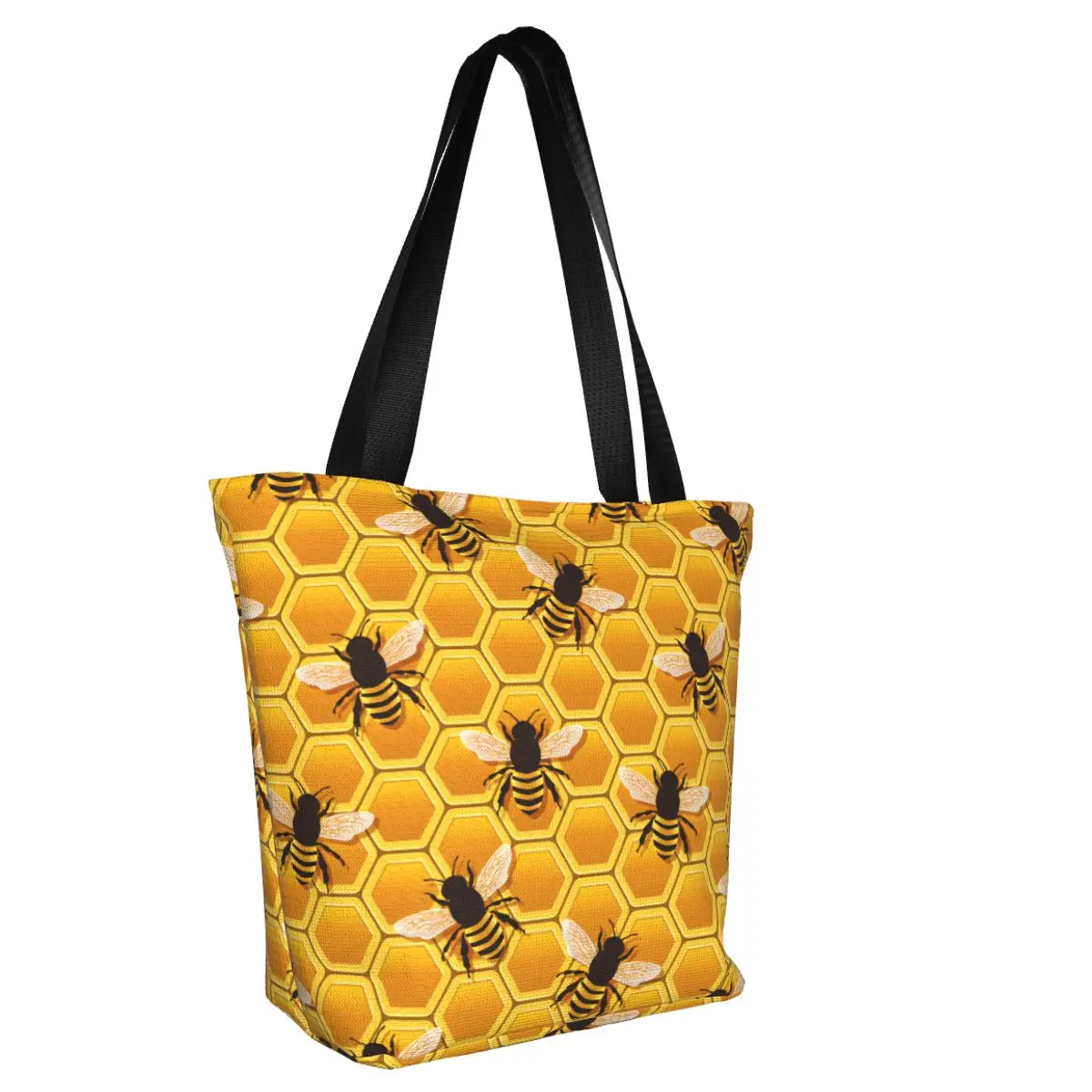 Custom Honeycomb Bees Pattern Groceries Shopping Bag Cute Canvas Shopper Shoulder Tote Bags Large Capacity Durable Handbag
