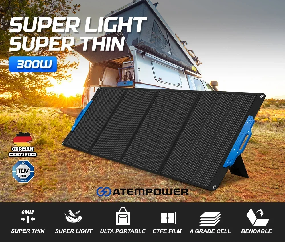 ATEM POWER Super Light 300 Watt 300W 4 folds ETFE Portable Foldable Solar Panel Solar Blanket For Camping Charger