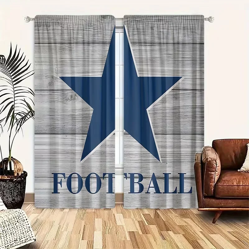 2PC Dallas Cowboys Inspired Curtains - Navy Star & Football Print Window Drapes for Man Cave Bedroom Decor