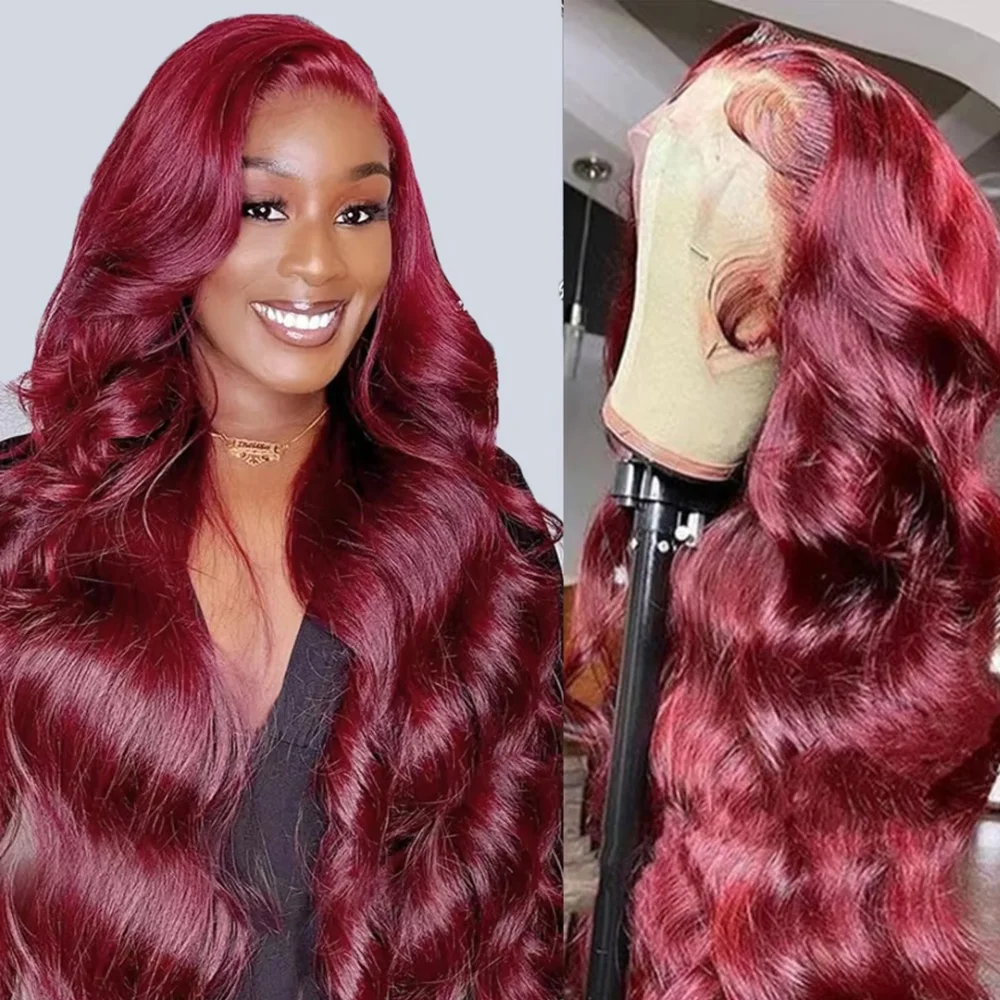 Peruca Frontal de Renda Borgonha 99J 13x6 HD Transparente com Densidade 200, Ondas Corporais, Pré-Alongada, Pré-Cortada, Sem Cola, 46 Polegadas