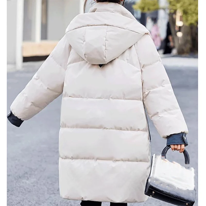 Women Hooded Mid-Length Thicken Cotton Coat Winter Patchwork Color Fashion Elegant Loose Parkas Female Casual Warm Bread Jacket