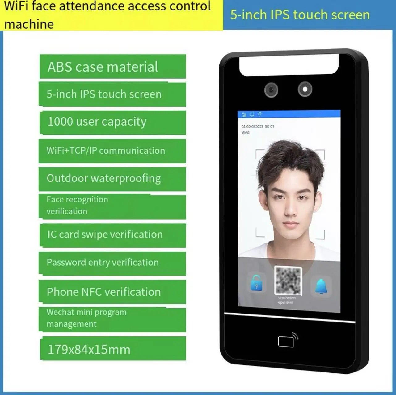 5 inch touch LCD face recognition fingerprint employee attendance system 5000 user access control machine