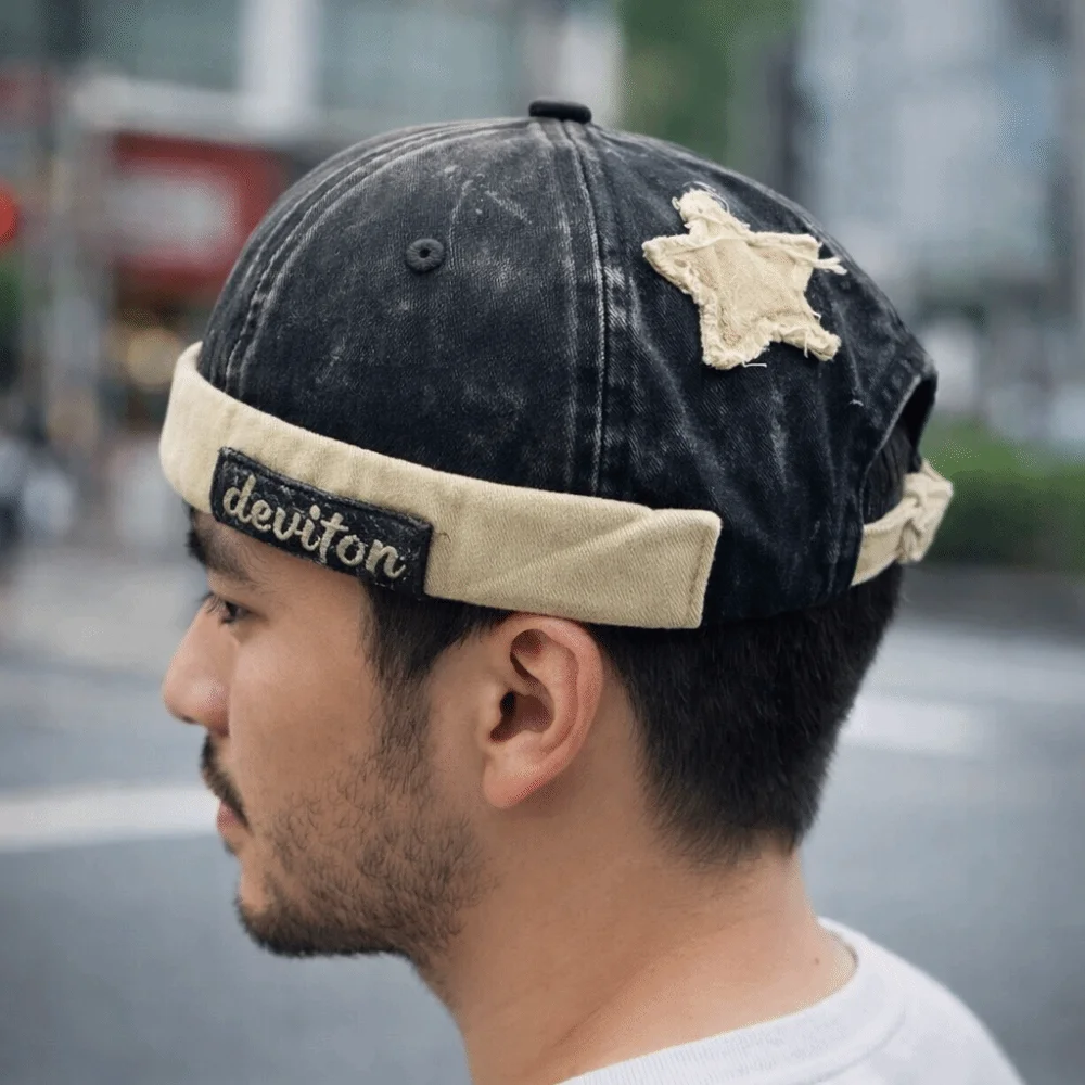 

Casual Adjustable Washed Landlord Cap Solid Color Cotton Brimless Melon Hat Star Splicing Letter Docker Beanie Hip Hop Style