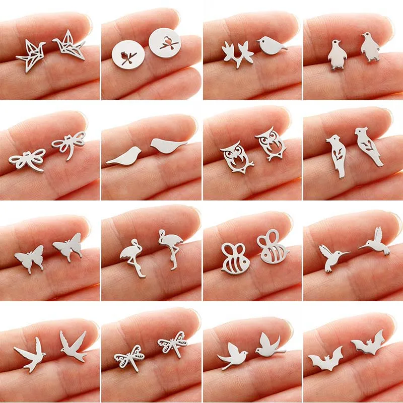 Stainless Steel Swallow Small Earrings Multiple Little Bird Jewelry Women Dove Flamingo Parrot Butterfly Hummingbird Studs Gift