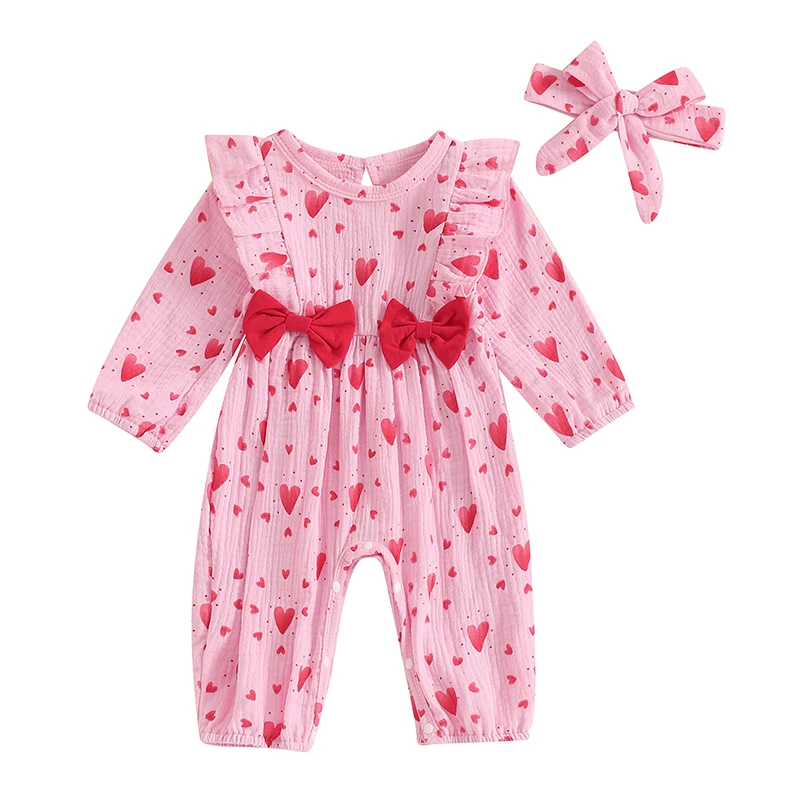 Baby Girl Valentine's Day Jumpsuit Heart Print Bow Round Neck Ruffled Long Sleeve Fall Romper Headband Outfits