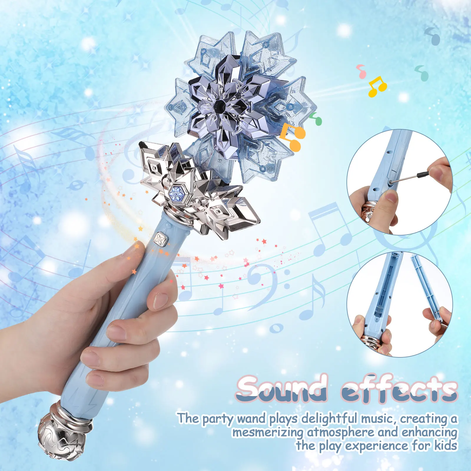 Baguette de flocon de neige lumineuse pour enfants, baguette de fée scintillante avec fonction de pulvérisation musicale, accessoire de fête, idéal pour les bas de cosplay