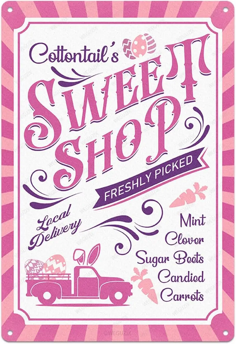 Vintage Metal Sign Cottontail;s Sweet Shop Easter Decor Funny Art Poster for Home Cafe Bar Kitchen Door Porch Yard Wall Decorati