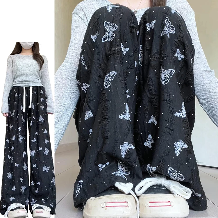 Retro gelo seda calças de perna larga das mulheres verão 2025 novo preguiçoso pequeno fla diamante high-end calças casuais coreano sle