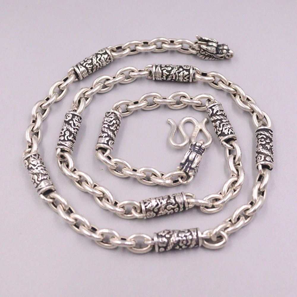 

Real Solid 925 Sterling Silver Chain Men Dragon Head Oval Rolo Column Tube Beads Link Necklace 57-58g/56cm