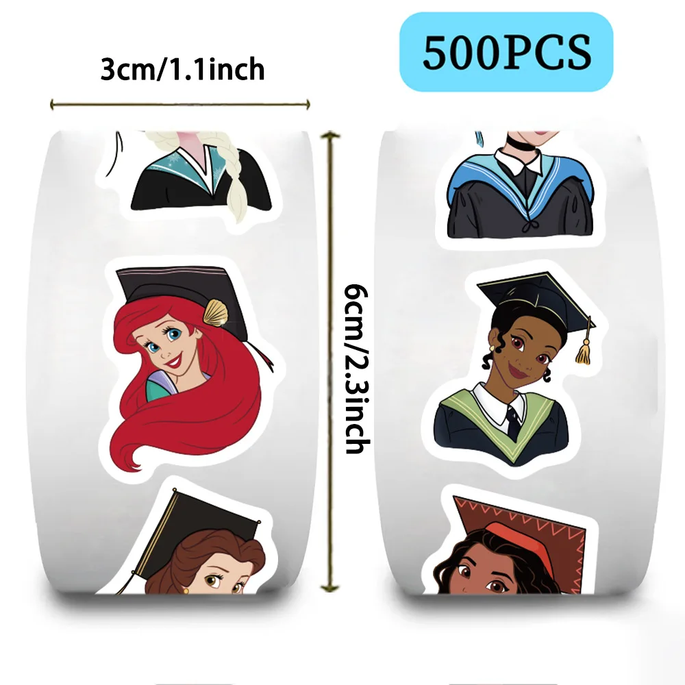 500 Piezas/Rollo de Pegatinas de Sellado de la Temporada de Graduación de las Princesas de Disney, Rollo de Calcomanías Creativas de Dibujos Animados para Decorar Equipaje, Teléfonos, Guitarras y Juguetes para Niños