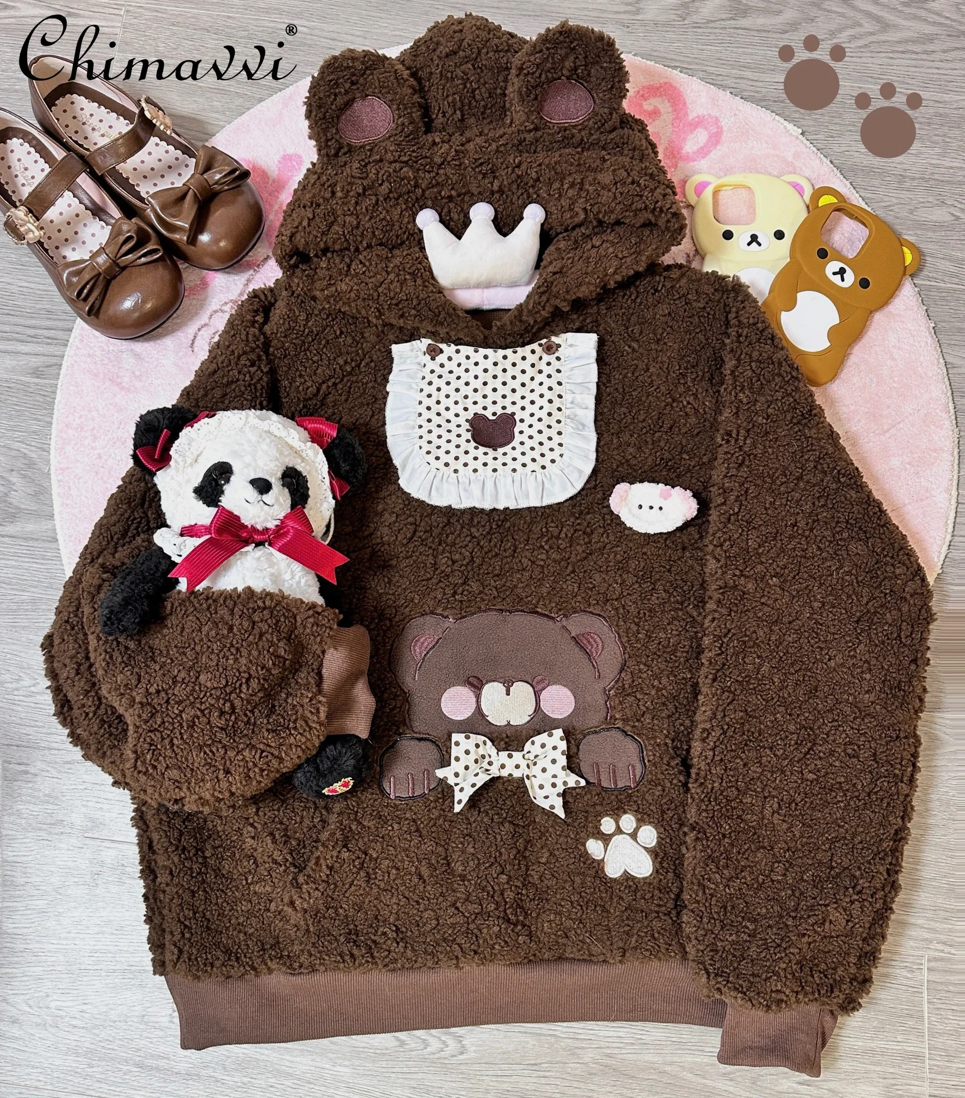 Original Cute Bear Ear Lamb Wool Saliva Towel Bag Sweatshirt Autumn and Winter New Kawaii Sweet Girl Lady Loose Warm Hooded Tops