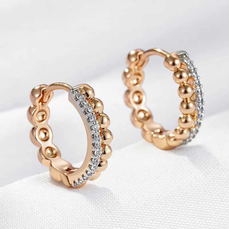 Kinel New Fashion Glossy Bead Natural Zircon Hoop Earrings Women 585 Rose Gold Silver Color Mix Fine Wedding Party Jewelry