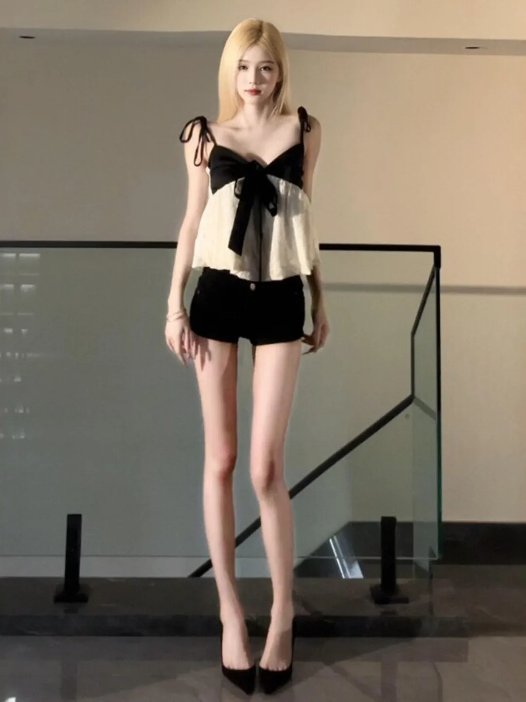 

Korean Design V-Neck Black White Color Block Top High Quality Elegant Vest Strap Summer 2026 Women's Fashion Casual Wear