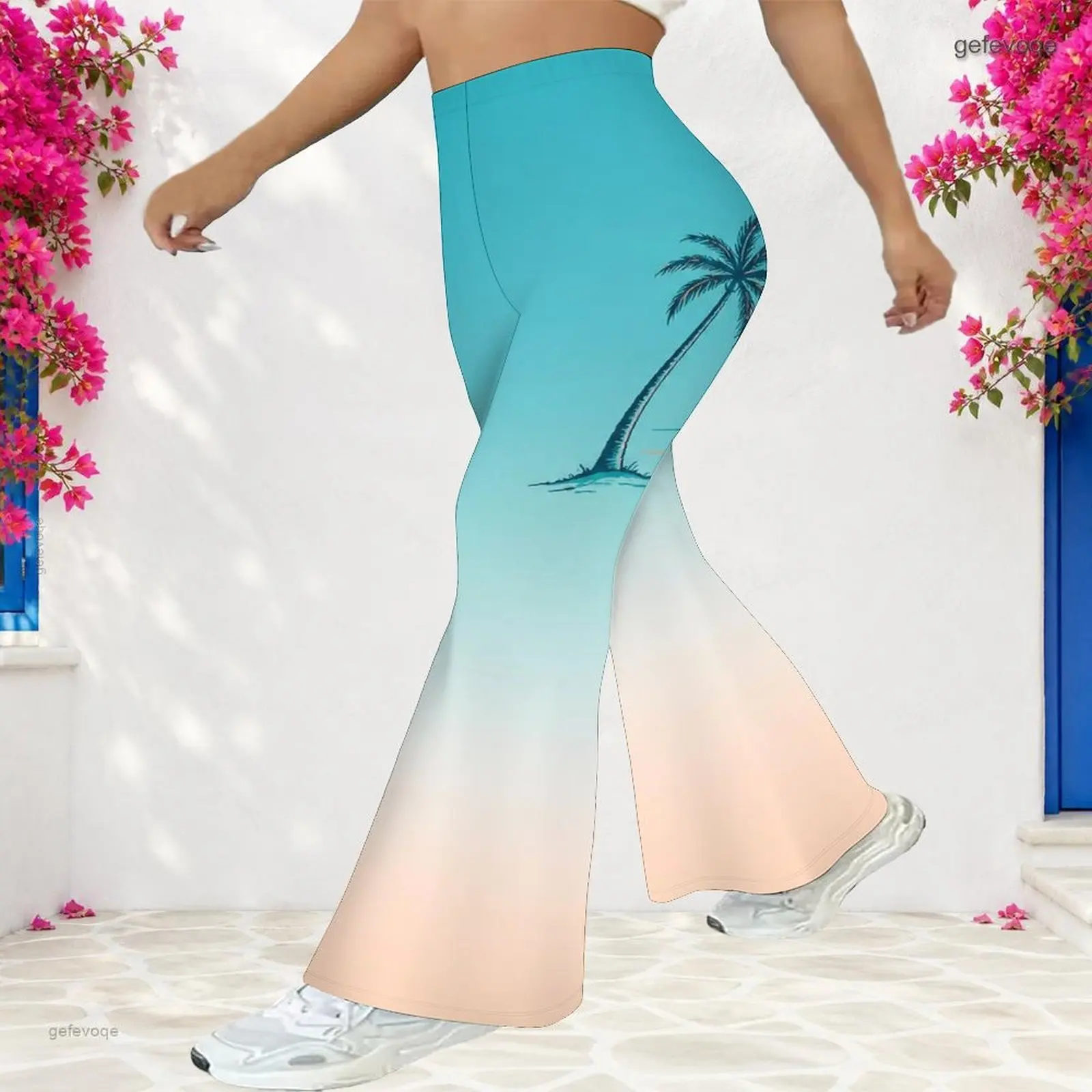 Women High Waist Full Length Flared Pants Printed Palm Tree Gradient Turquoise to Pale Peach