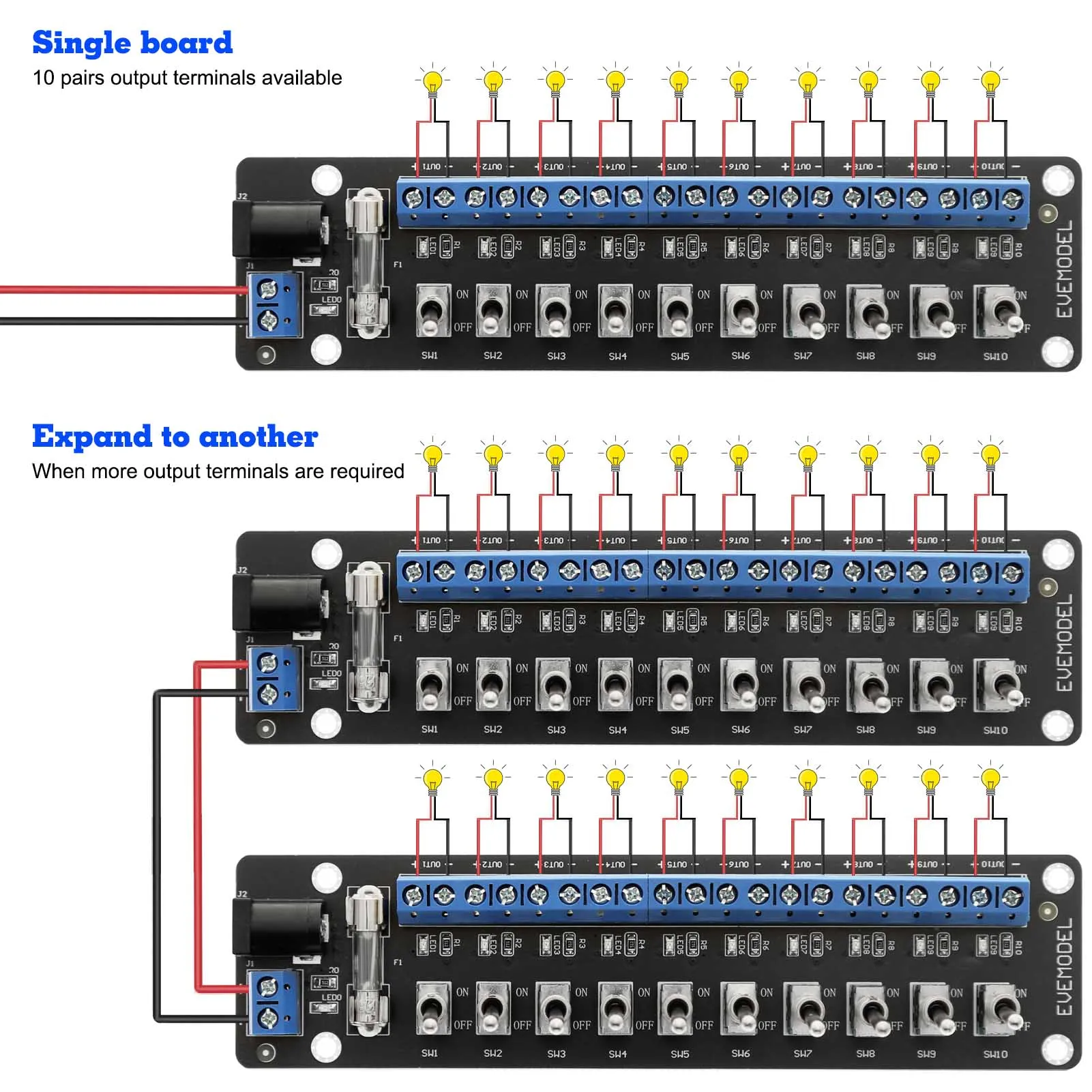 Evemodel 3V-24V DC Power Distribution Module Connector 10 Channels with Individual Toggle Switch PCB019L