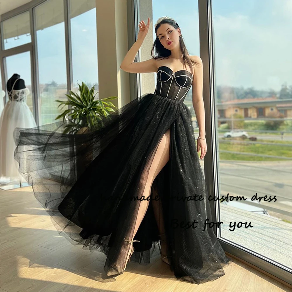 

Sparkly Black Tulle Evening Dresses with Slit Sweetheart A Line Fairy Formal Prom Dress Floor Length Graduation Party Gowns