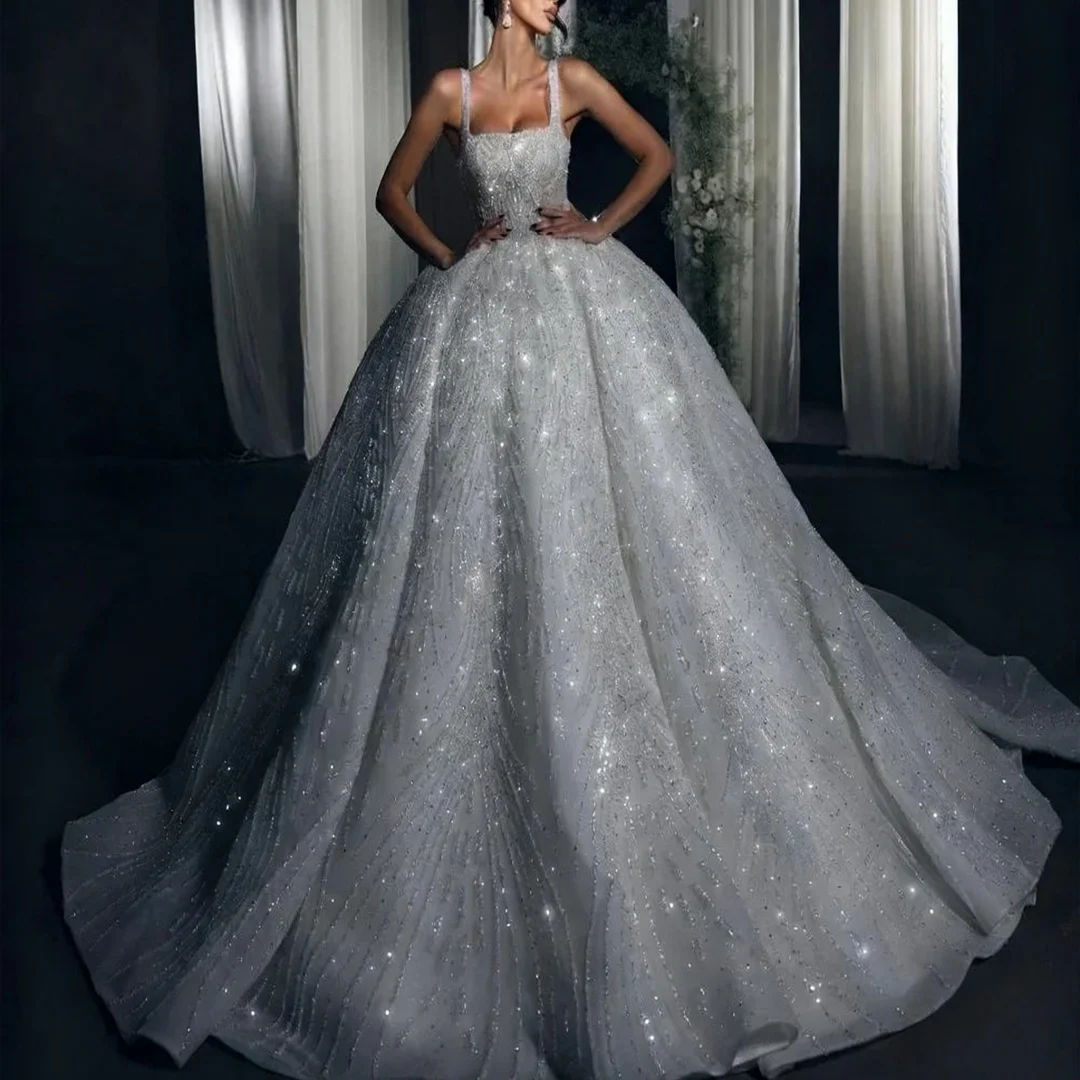 

Роскошное бальное платье по индивидуальному заказу, свадебное платье, изысканный квадратный воротник, расшитое блестками и бисером, без рукавов, вечерние платья для выпускного вечера невесты