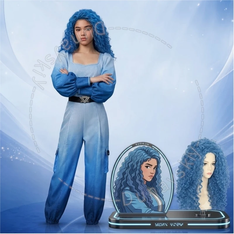 Mono de Halloween con degradado azul, disfraz de cosplay azul de anime Descend, pantalones largos de moda con cinturón para fiesta de Navidad
