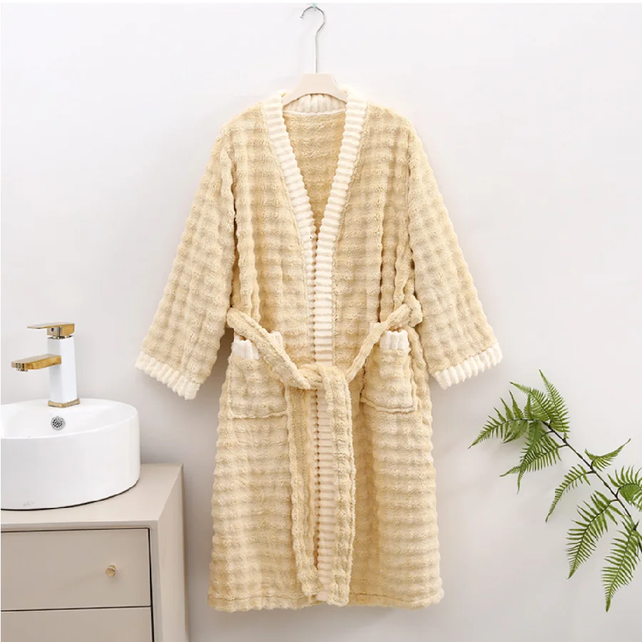 Wave Cloud Pattern Soft Absorbent Coral Velvet Bathrobe Women Winter Warm Robe Bath Robe Nightgown Home Clothes