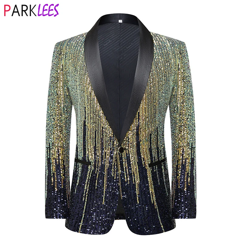 Chaqueta de traje brillante con lentejuelas a rayas para hombre, chal con solapa, vestido de un botón, Blazers para hombre, esmoquin para escenario,