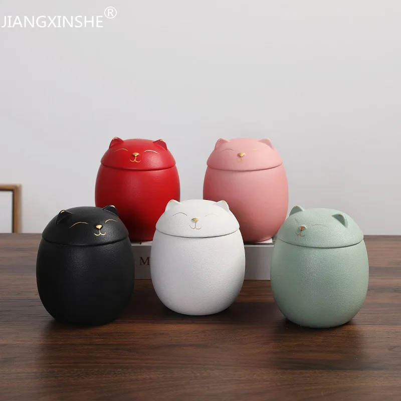 Cute cat Tea Caddy Ceramic Airtight Jar Storage Tea Cans Tea Box Storage Tank Tea Container Decorative Jar Sugar Bowl