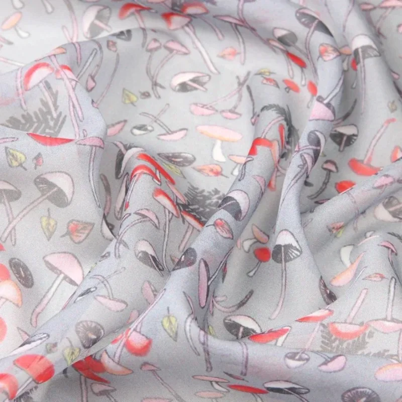 135cm Wide 8mm Mushroom Print Gray Thin Silk Chiffon Fabric For Diy Sewing Summer Long And Short Dress Blouse Shirt D745