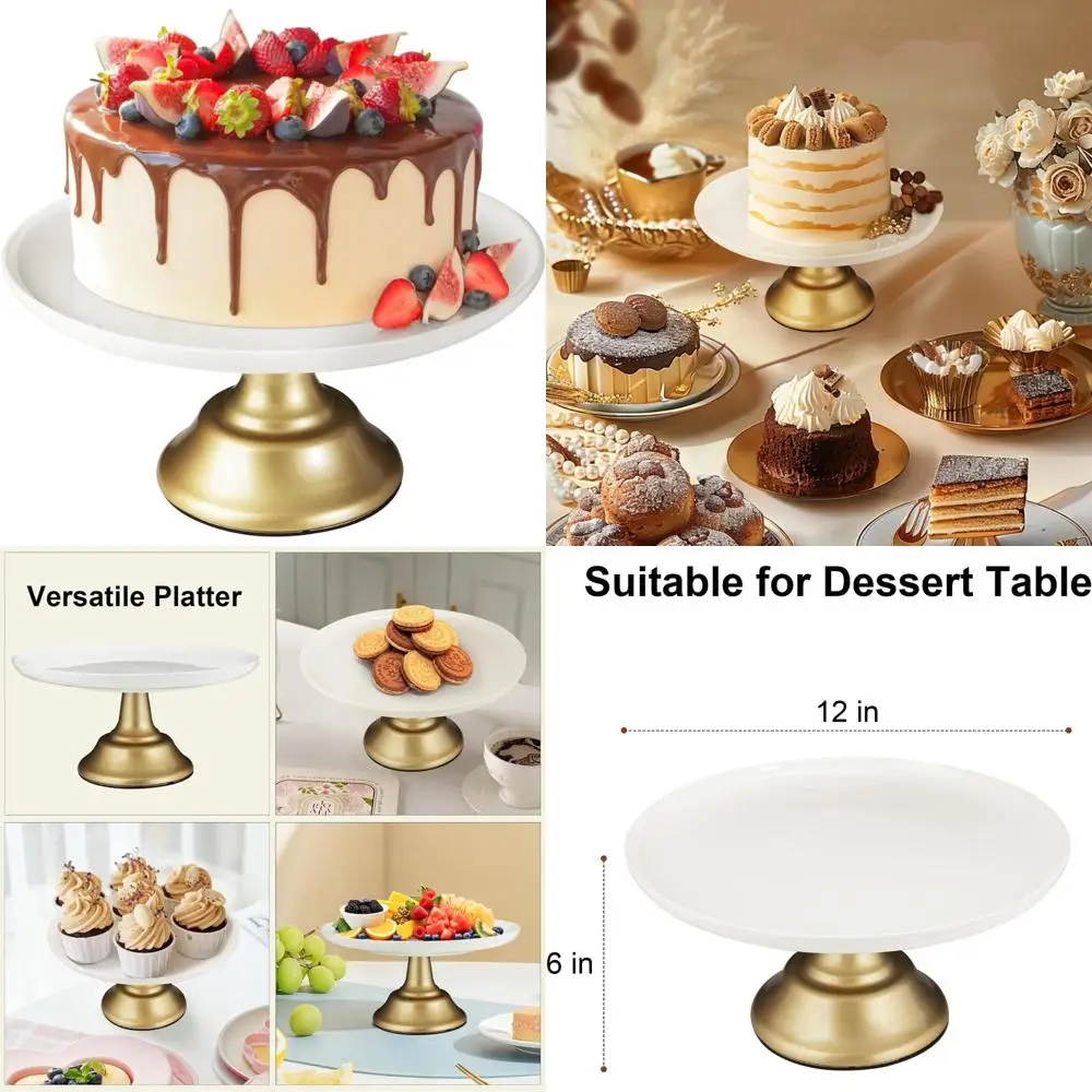 

12-дюймовая круглая белая керамическая подставка для торта с металлическим основанием, идеально подходящая для свадеб и вечеринок