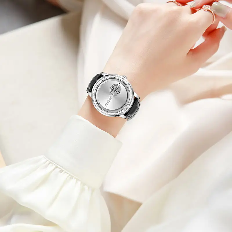 DOM59 Новое поступление, часы с бриллиантами, женские магнитные часы, кварцевые наручные часы с шарикоподшипником для женщин с кожаным браслетом