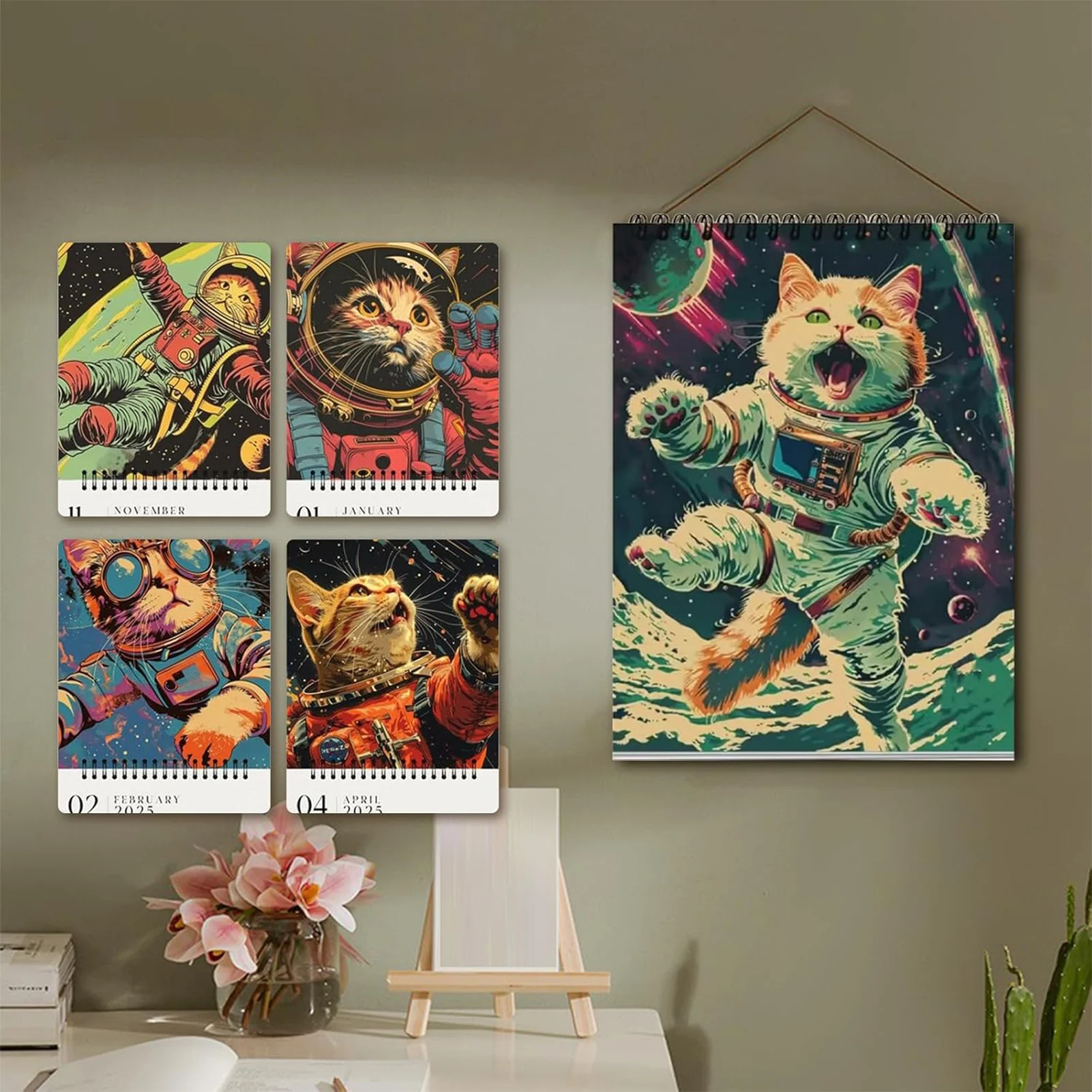 2025 Space Cats Theme Wall Calendar Funny Annual Monthly Wall Planner for Study Bedroom Office Decoration