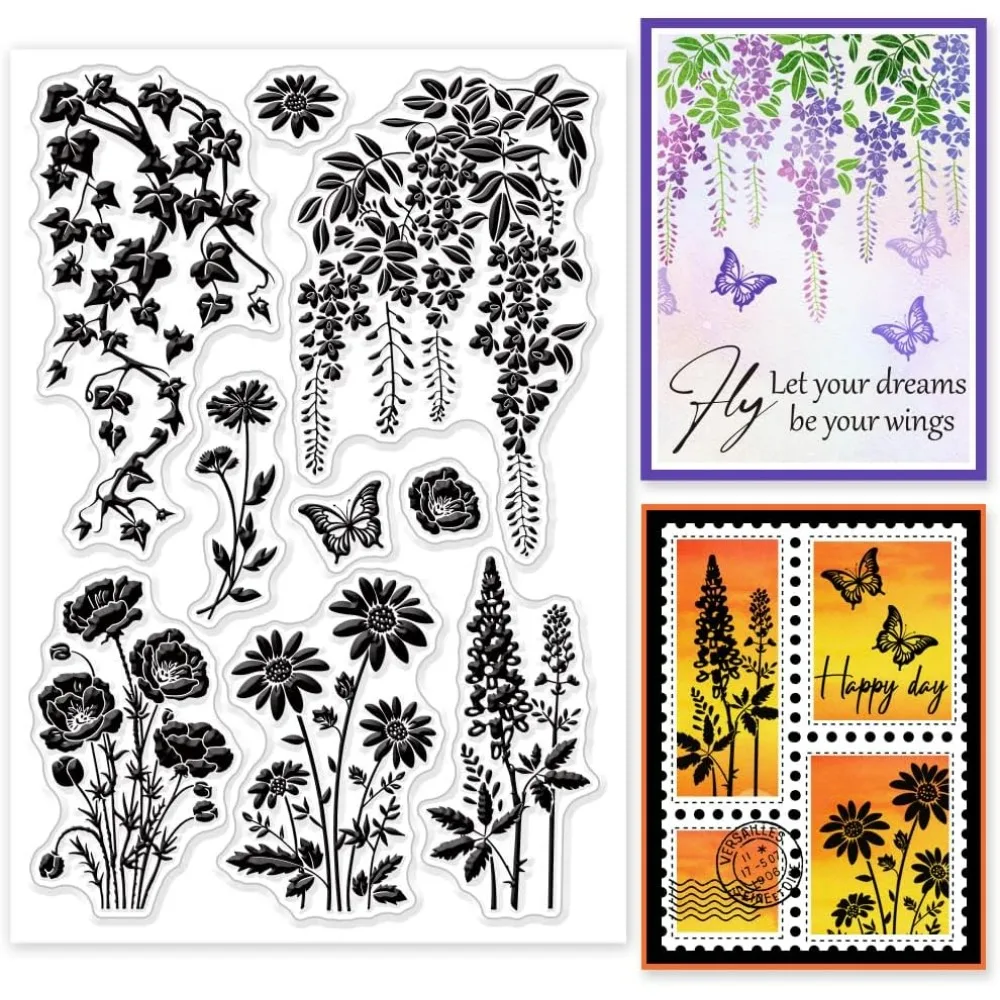 Plant Flower Silhouette Clear Stamps Vine Daisy Butterfly Silicone Stamp Seals Transparent Stamps for DIY Scrapbooking Cards