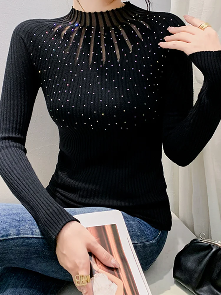 Winsleter Streetwear Sweaters Long Sleeve Pullovers Women Sexy Mock Neck Shiny Pearls Slim Knit Top Spring Fall T39824JM