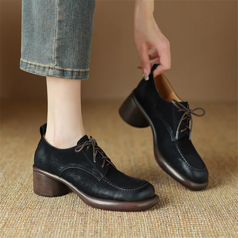 New Autumn Genuine Leather Women Pumps Fashion Round Toe Shoes for Women Chunky Heel Lace Loafers Zapatos De Mujer Women Shoes