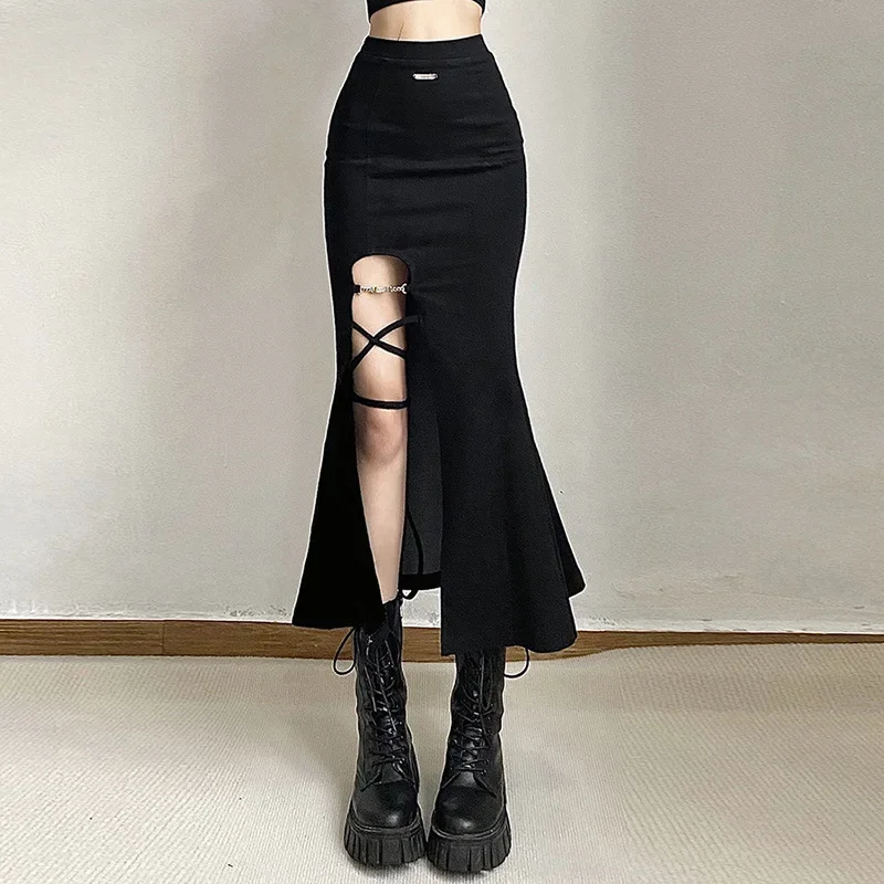 

Black Sexy Mysterious Royal Sister All-Match High Street Design Trend Mature Cool Slit Women's Flared Skirt Girl long skirts