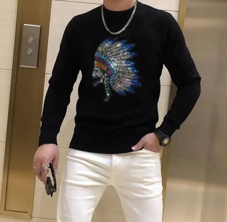 

Fashion Brand sweater 2021 Black Striped winter Autumn Hip Hop style Casual Men's Rhinestone Punk Streetwear Clothes