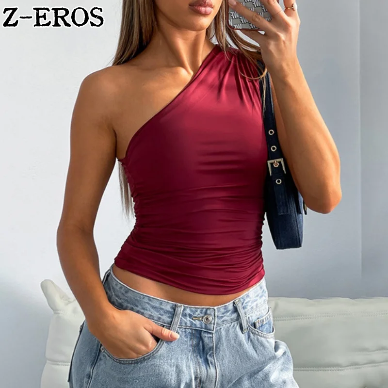 Z-EROS Solid Color Single Shoulder Backless Sleeveless Pleated Vest Top T-Shirt Women's Diagonal Collar Exposed Navel Pullover