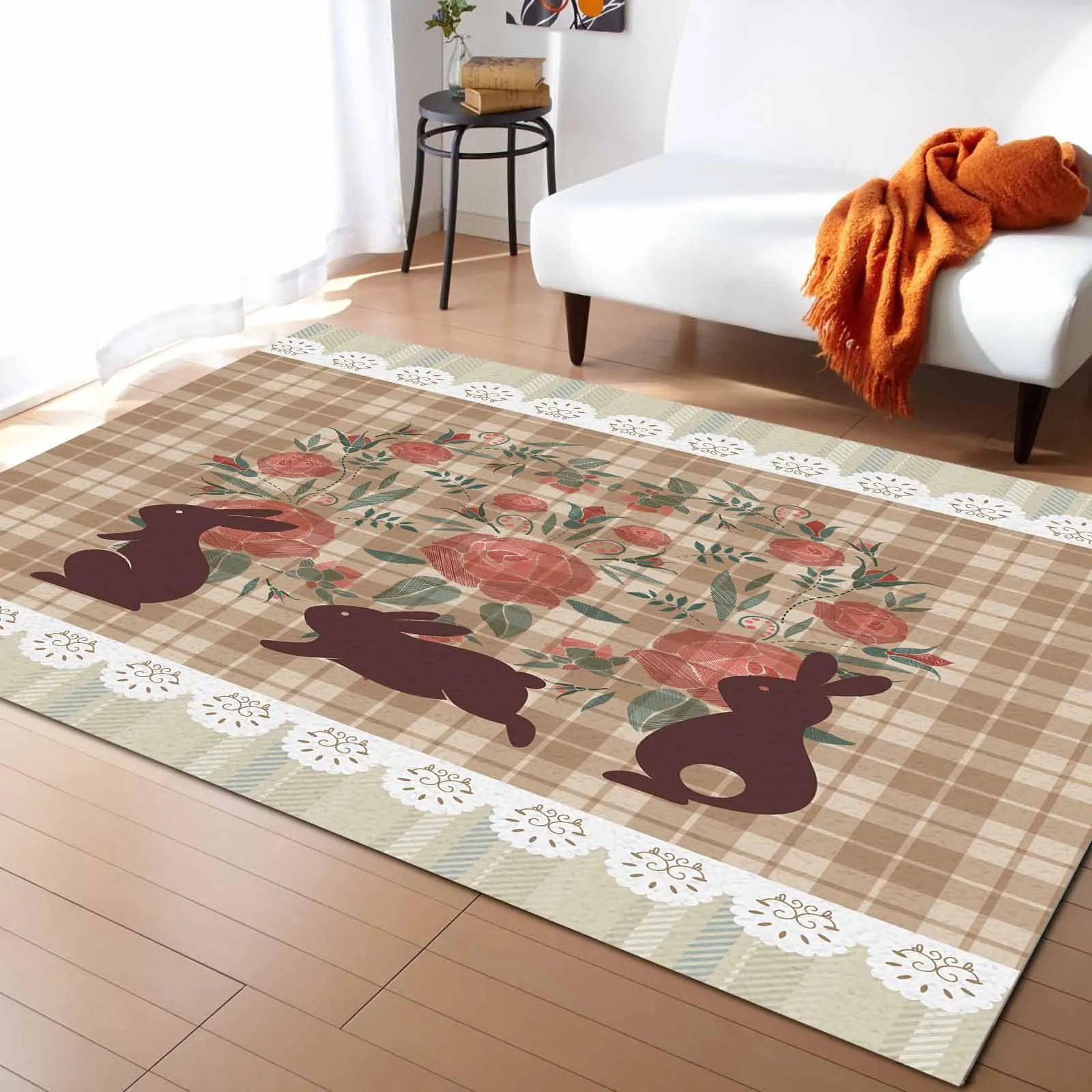 Checkered Embroidered Flower Rabbit Spring Living Room Floor Mat Children's Bedroom Bedside Carpet Kitchen Door