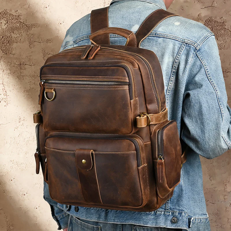 Crazy Horse Leather Men Backpack Unisex Cow Leather Laptop Rucksack Daypack Vintage Real Leather School Bag Durable Travel Bag