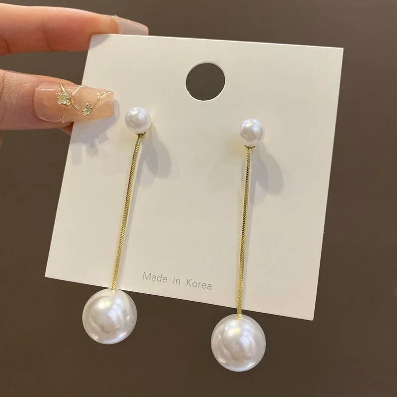 White Imitation Pearl Big Chain Tassel Long Drop Earrings for Women Gold Color Ear Jewelry Trend Statement Girl Gift