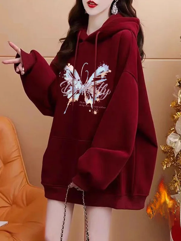

Мужская толстовка оверсайз с узором, на флисовой подкладке, утепленная, красная, повседневная, в уличном стиле, осень-зима