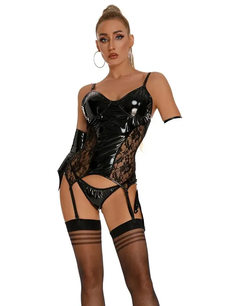 2 шт./компл. комбинезон из ПВХ с мокрым эффектом, блестящая искусственная кожа, боди без вырезов с открытой промежностью, пояс с подвязками + стринги, горячая сексуальная клубная одежда, наряд