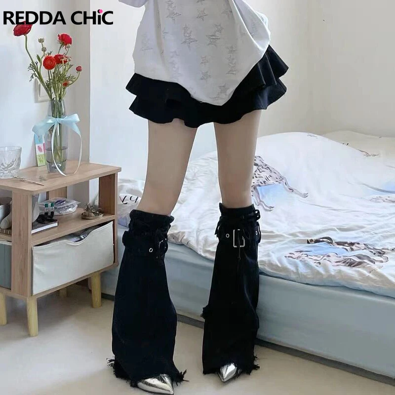 

ReddaChic Women Black Leg Warmers Dark Punk Goth Cross Patched Raw Edge Denim Boots Cover Japanese Girl Socks Acubi Fashion