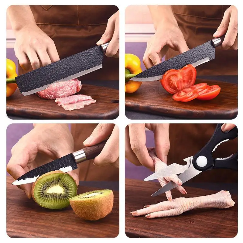 6pcs Kitchen Knives Set Chef Slicing Knives Set Meat Cleaver Fruit Knife Peeler Scissors Stainless Steel Cooking Set Tools