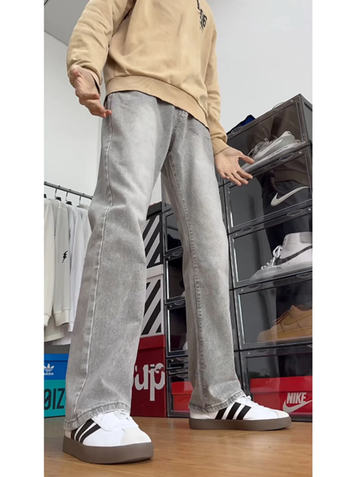 

ey Cement Color Men's Spring Autumn Hiphop Jeans Elastic Micro Flared Pants Drapey Straight Leg Cotton Blend Wear Resistant