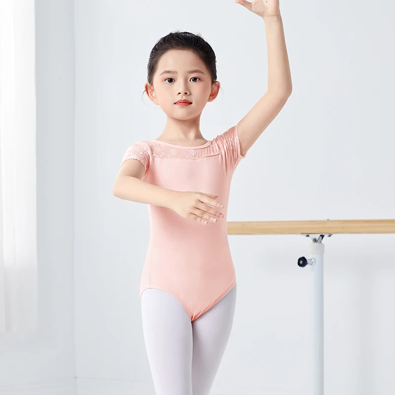 Kids Ballet Leotard Embroidery Mesh Splice Cotton Leotard for Toddlers Girls Gymnastics Dance Leotard for Ballet Rhythmic