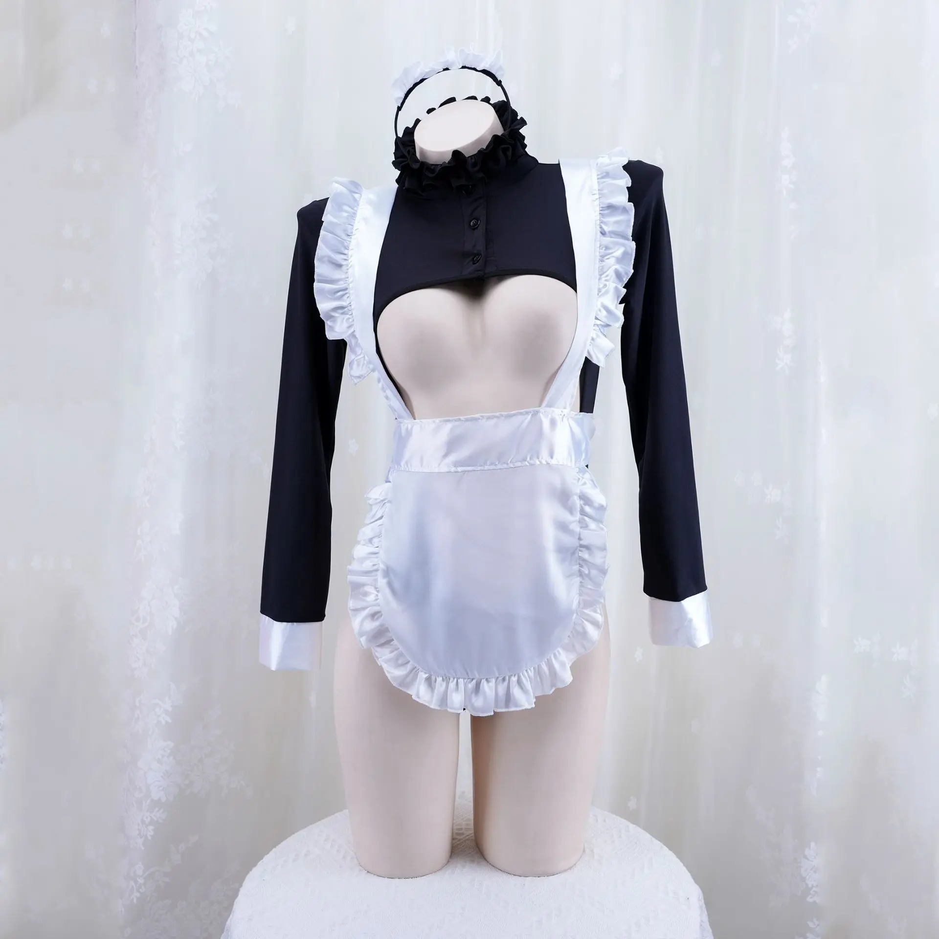 Costume de femme de chambre évidé à fourche haute, coupe ouverte sexy, uniforme de femme de chambre à manches longues, cosplay de jeu de plis, fête de nuit, anime